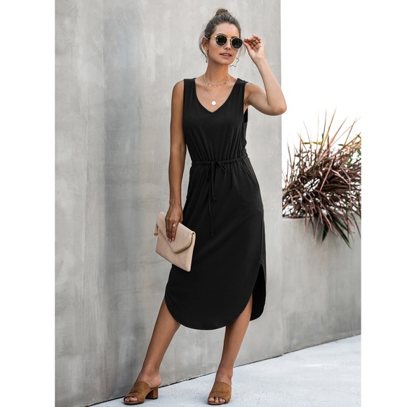 Black Drawstring Waist Midi Casual Dress - Picture 3 of 14